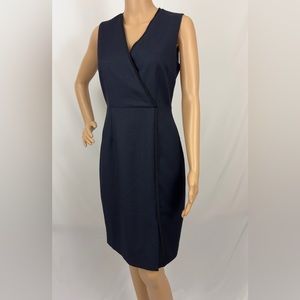 T. Tahari Navy Blue Check V-neck Sleeveless Shift Dress Black Chiffon Tr…